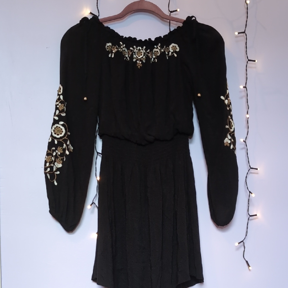 White House Black Market Black Dress with Gold Floral Accents